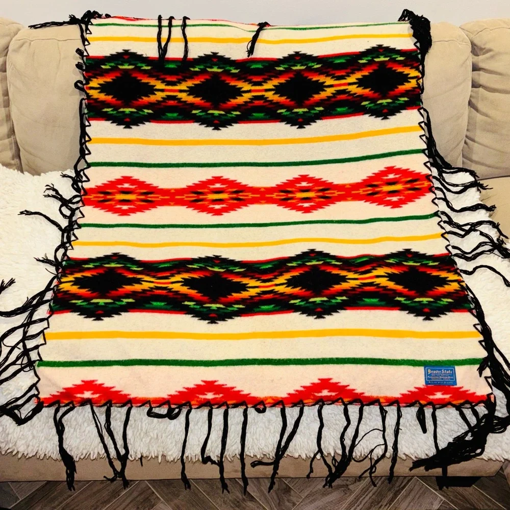 PENDLETON Beaver State 60s Reversible Chief Joseph 32”x42” Wool Fringe Blanket